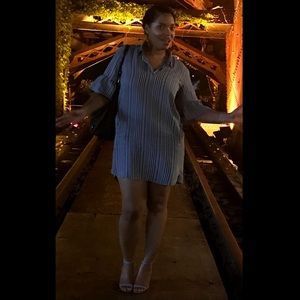Denim-striped, collar-shirt Dress w/ pockets